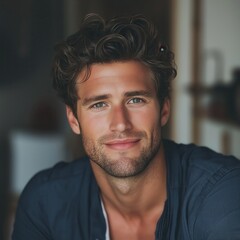 Handsome Smiling Man: Casual Lifestyle Portrait in Natural Light and Warm Tones - Vibrant, Confident, and Charming.