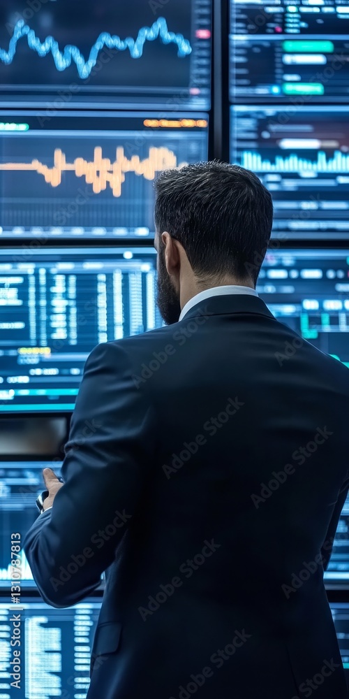 Poster a man in a suit is looking at a computer screen with many numbers and graphs