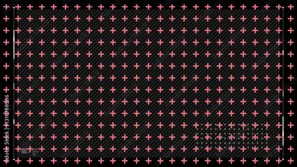 Poster diagonal black and gray stripes with red plus signs creating animation pattern