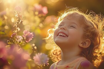 Fototapeta premium A young girl with curly hair is smiling and looking up at the sky