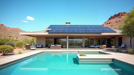 Fototapeta premium Photovoltaic solar panels on the rooftop villa with swimming pool in front
