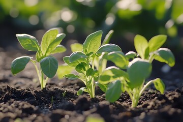 Young spinach sprouts in fertile garden soil, sunny day