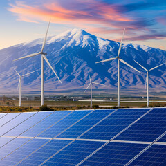Solar panels wind turbines set against a picturesque California backdrop like the Sierra Nevada mountains