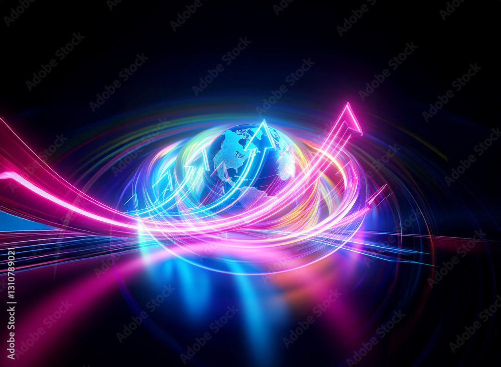Poster double exposure image of a luminous globe encircled by bright, swirling light trails against a stark