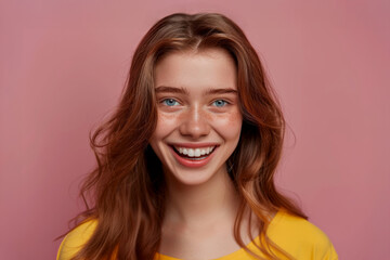 Naklejka premium Vibrant portrait of a young woman with natural beauty and a genuine smile. Expression of happiness and confidence against a pastel background, highlighting her positive energy and radiant charm.