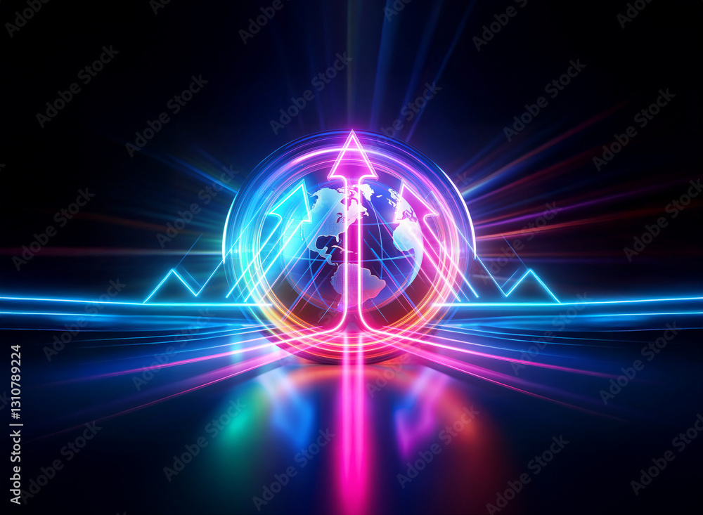 Poster a double exposure image features a luminous globe with an arrow, illuminated by bright neon lights a