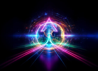 Fototapeta premium Vibrant double exposure art blends a cityscape silhouette with abstract neon lights. Geometric shapes and glowing circles create a futuristic and dynamic visual.