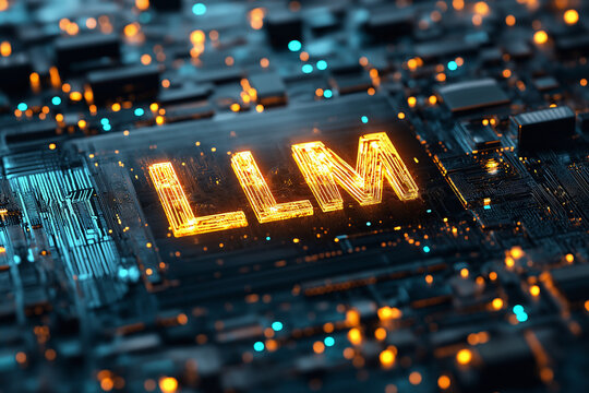 Large language model concept, the letters "LLM" on a circuit board representing generative artificial intelligence or GenAI
