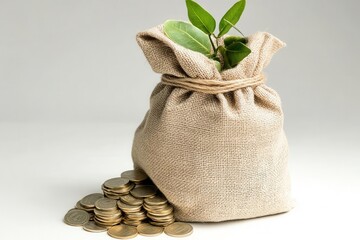 a money bag with coins and a green plant symbolizes growth and investment in financial success