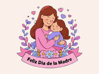 Obraz premium Cute Mother's Day Cartoon Illustration with Mom Hugging Child, Delicate Floral Ornaments, and Soft Colors