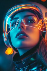 Futuristic Female Astronaut with Neon Lights and High-Tech Helmet