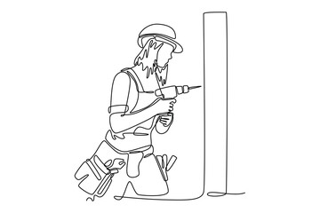 Continuous one line drawing of female carpenter with electric screwdriver home improvement and repair. Woman worker using tools building with drill. Single line draw design vector graphic illustration