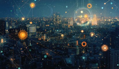 Night city skyline connected by network