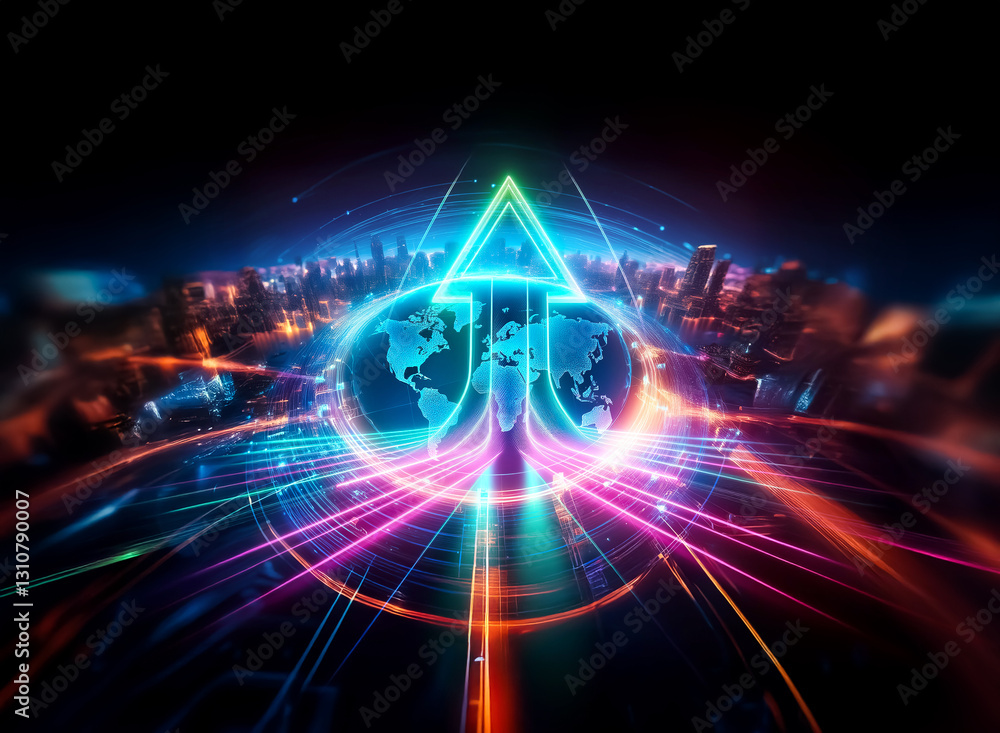 Poster a glowing arrow points upwards, double exposure style, over a cityscape and globe, creating a futuri