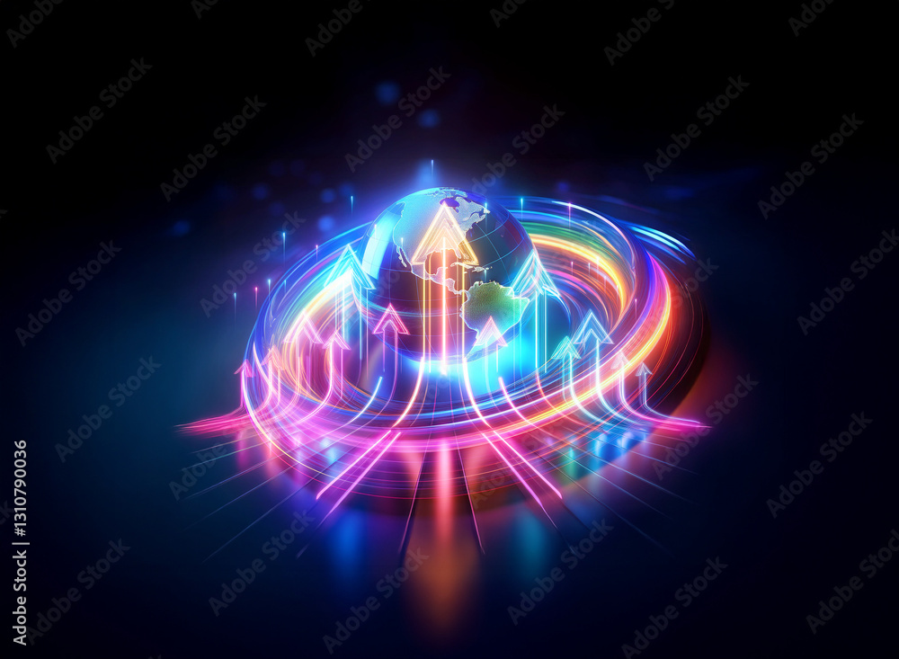 Poster double exposure image of vibrant, glowing arrows spiraling around a globe shape, pointing upwards in