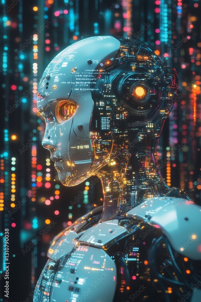 Poster futuristic robot profile with digital data streams background