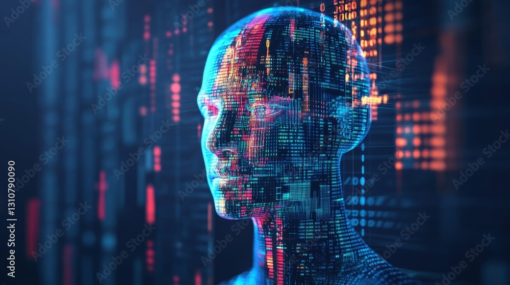 Aufkleber futuristic digital face representation with data streams and glows