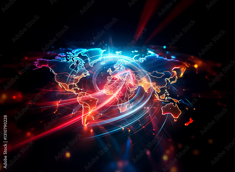 Aufkleber vibrant double exposure art: glowing world map with bright, dynamic lines and radiant colors against