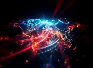 Vibrant double exposure art: glowing world map with bright, dynamic lines and radiant colors against a dark backdrop, creating an abstract and futuristic global network.