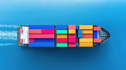 A large cargo ship transports colored shipping containers across the ocean
