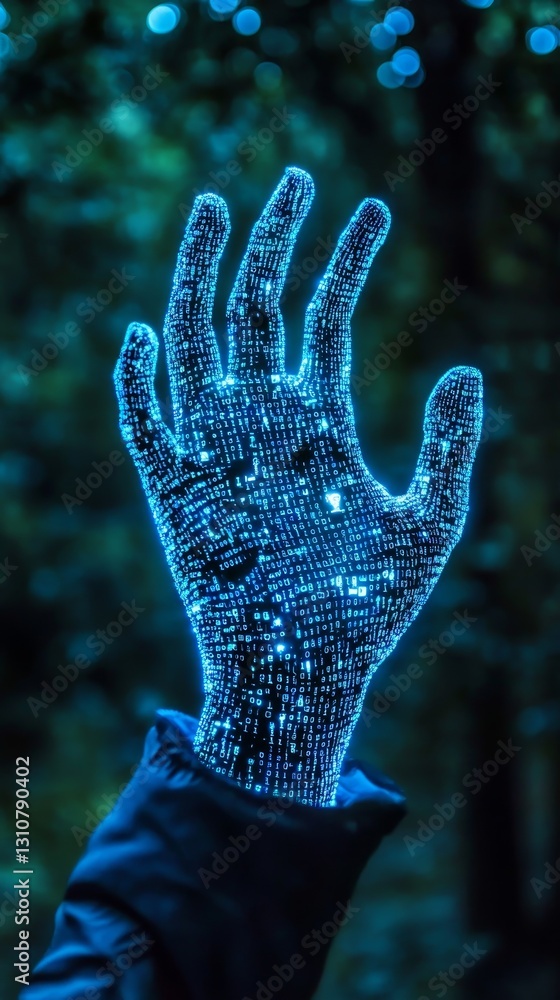 Poster glowing digital hand sculpture with matrix code in dark forest setting