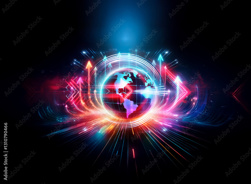 Aufkleber dynamic glowing globe with vibrant light trails and arrows in double exposure effect. illuminated di
