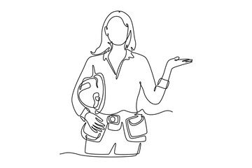 Single continuous line drawing young woman builder with hardhat in hand. Female construction worker working with heavy industrial tool in site. Dynamic one line draw graphic design vector illustration