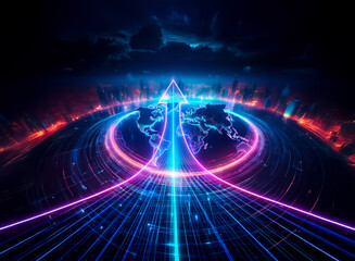 A double exposure image shows a neon arrow rising from the Earth globe against a dark cloudy sky, symbolizing technological advancement and global connection.
