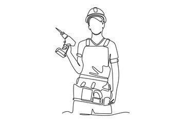 Single continuous line drawing attractive female construction worker holding electric drill confidently. Woman handyman wearing helmet and belt tools. One line draw graphic design vector illustration