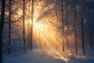 Fototapeta premium a mystical winter forest at dawn, snow-laden branches creating a cathedral-like canopy, soft golden light filtering through mist, creating an ethereal atmosphere of silent enchantment