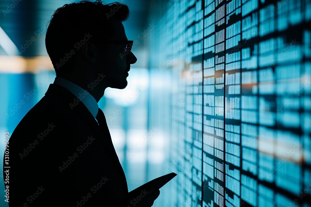 Poster a man in a suit is looking at a computer screen with a lot of numbers on it