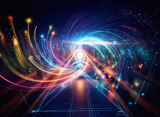 Vibrant light trails swirl and converge in double exposure, forming a dynamic, abstract tunnel of light. Futuristic and energetic design.