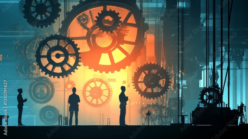 Poster a group of people are standing in front of a large clock with many gears