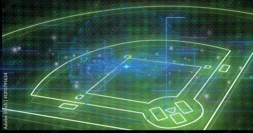 Poster animation of digital baseball field with glowing blue elements and data visualization