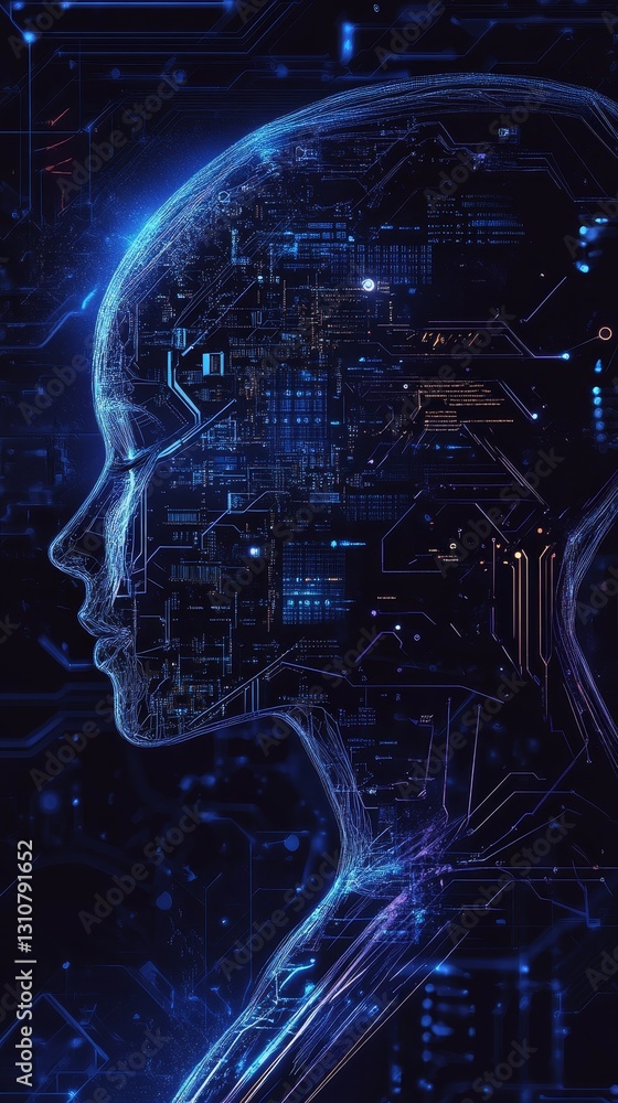 Poster futuristic artificial intelligence profile with digital circuit design