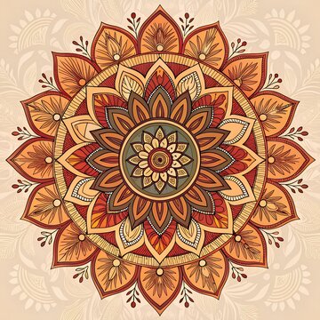  "Boho-style mandala with tribal and ethnic ornaments, warm earthy tones, complex hand-drawn floral patterns, suitable for textile prints, wall art, and festival branding."
