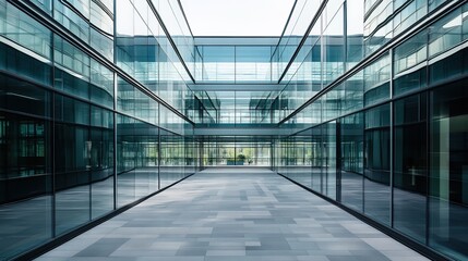 Modern office building exterior with glass and steel structure under midday sunlight in symmetrical composition