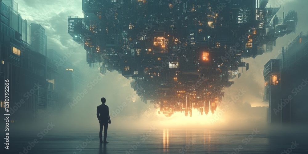 Poster mysterious cityscape with surreal floating structure illuminated by fiery light at night