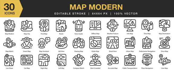 Map Modern icon set. Editable Stroke Icon Collection. Includes map, modern, symbol, travel, graphic, global, and More. Outline icons vector collection.