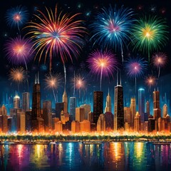 Fireworks over Chicago Skyline at Night