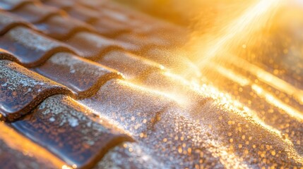 Close-Up of Water Droplets on a Textured Roof Shingle at Sunset
