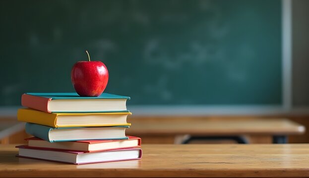 Stack of colorful books with red apple on wooden classroom desk in bright setting