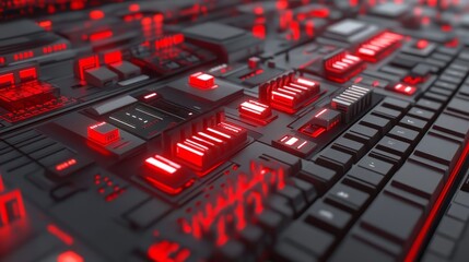 Illuminated circuit board with red lights, close-up abstract background