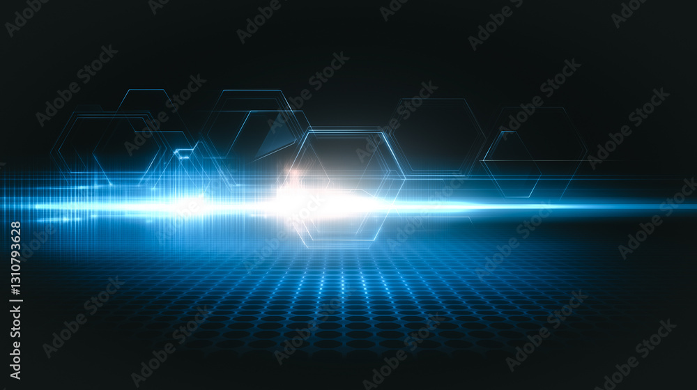 Poster abstract tech glow: futuristic digital landscape with glowing blue hexagons and a bright light beam,