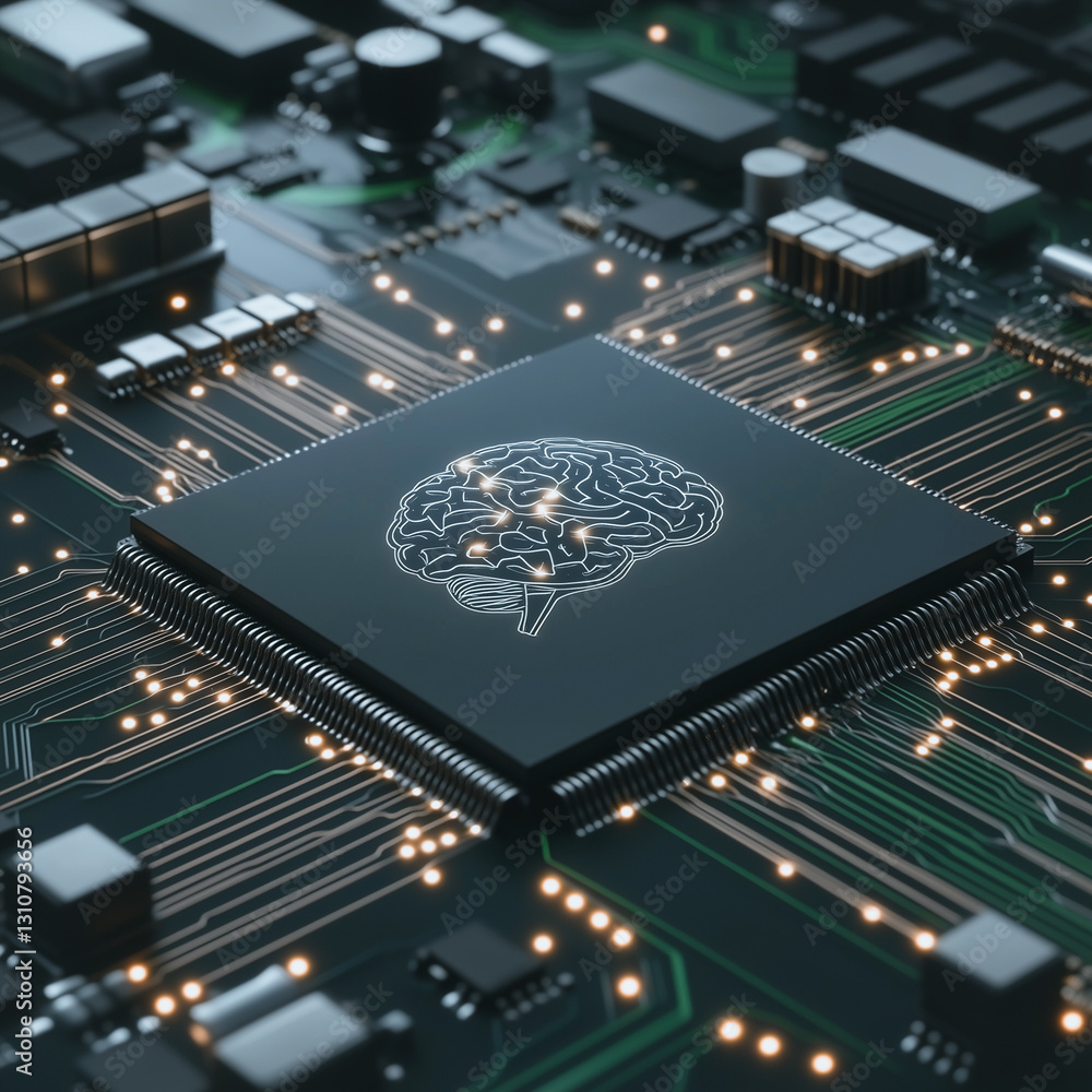 Poster brain-powered circuit: a detailed close-up of a computer processor chip, a circuit board, and a futu