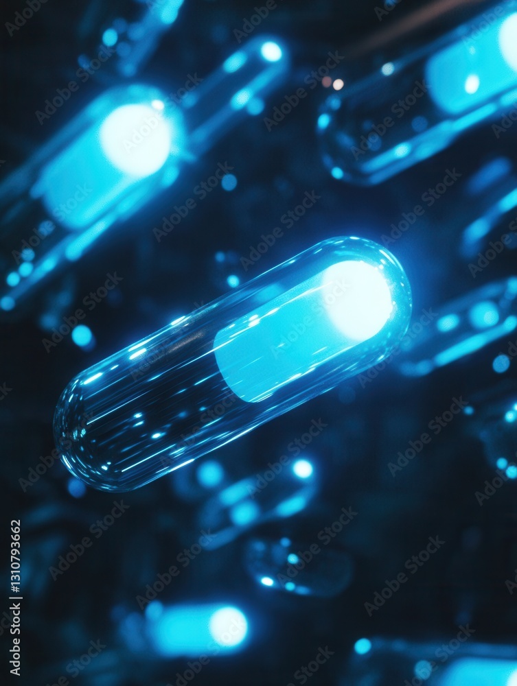 Poster glowing capsules emit soft blue light in a dark, digital futuristic environment with an abstract med