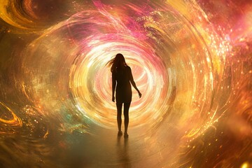 Enigmatic Woman Walking Through a Vibrant Cosmic Portal