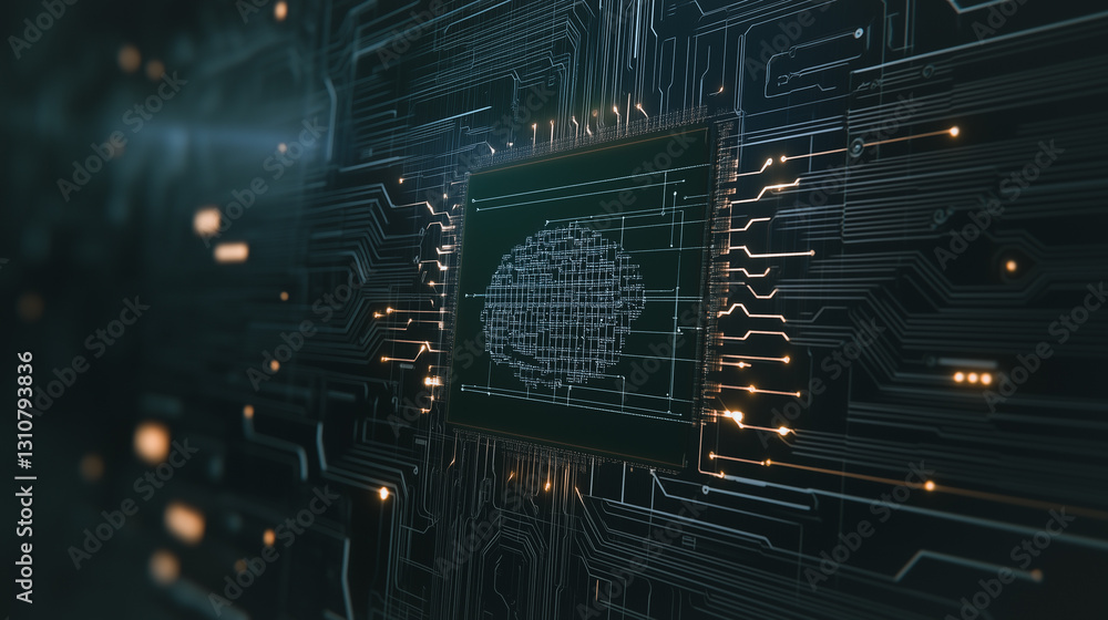 Poster digital brain: an illuminated computer chip showcases a brain design, representing the core of intel