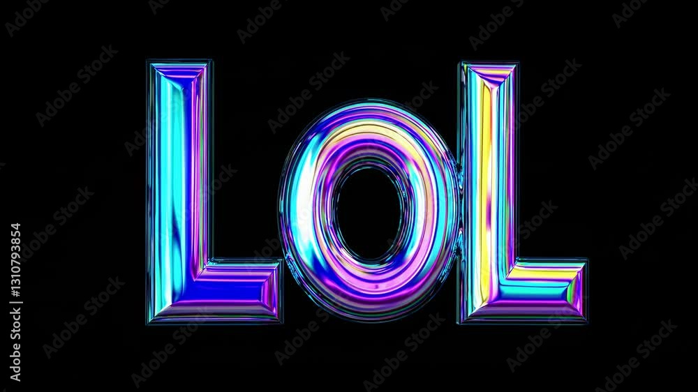Poster 3d metallic 'lol' text with iridescent colors on a black background. front-facing angle. perfect for