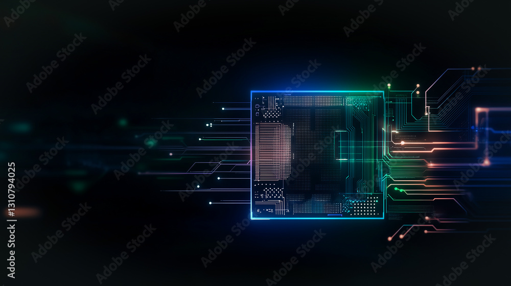Poster digital core: a vibrant, illuminated microchip core, radiating with an intricate network of circuit 